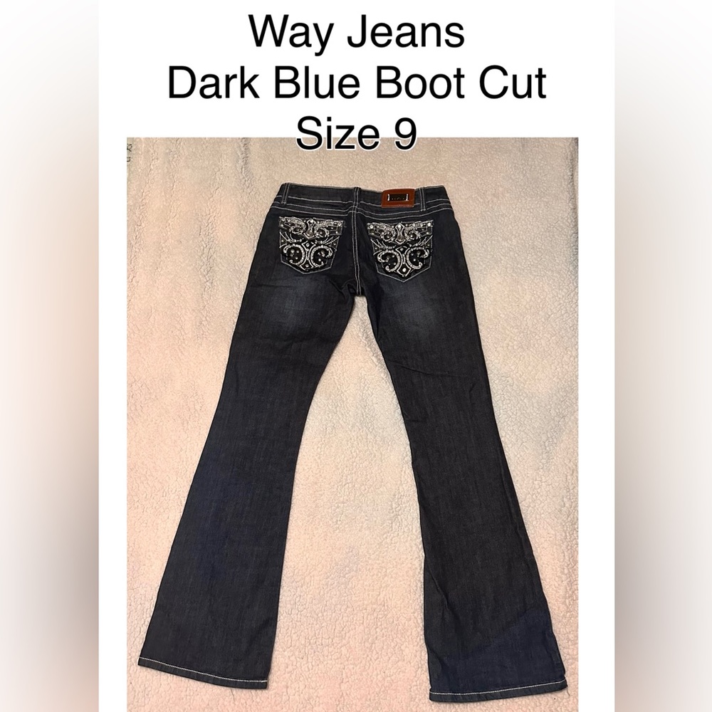 Embellished Way Jeans Dark Blue rivets rhinestones Fleur dis lis Boot Cut jr 9